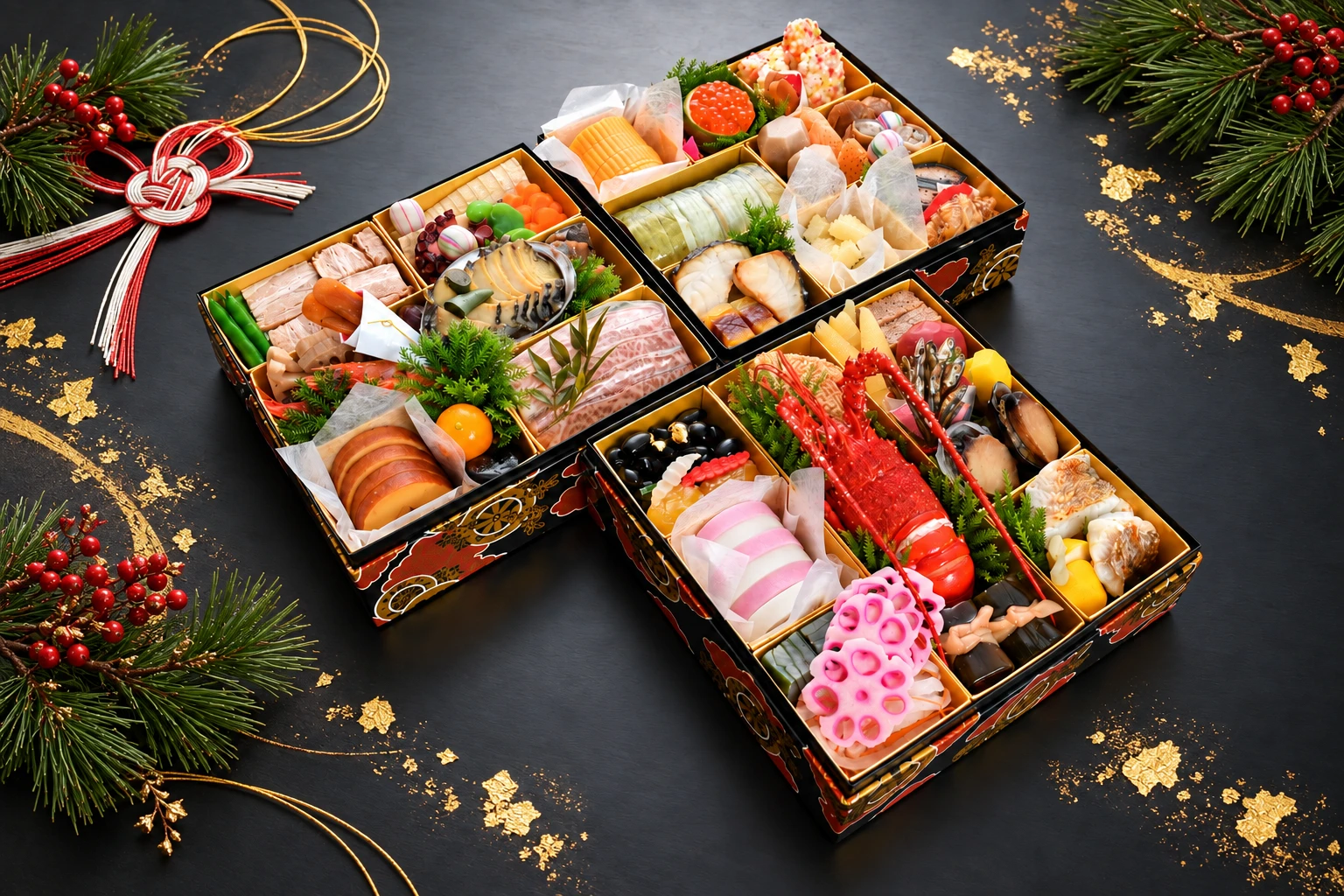 金箔と松、水引を添えたつきじ治作のおせち